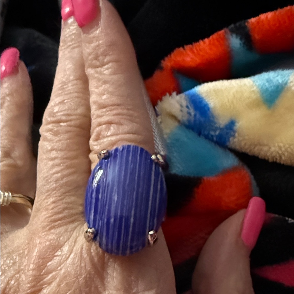 NWT Stunning electroplated Silver and Blue Striped Women's Ring Sea Glass 6.5